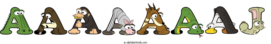 Aaaaaaaj animal word art spelling Aaaaaaaj with Alphabetimals - cartoon alphabet animals
