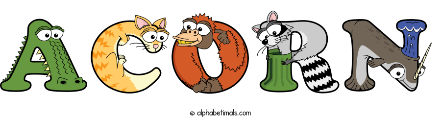 Acorn animal word art spelling Acorn with Alphabetimals - cartoon alphabet animals