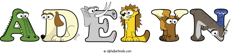 Adelyn animal word art spelling Adelyn with Alphabetimals - cartoon alphabet animals