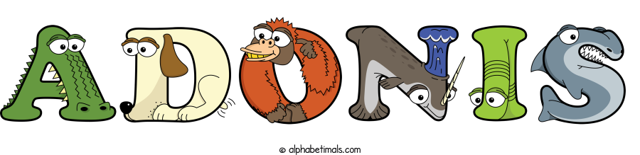 Adonis animal word art spelling Adonis with Alphabetimals - cartoon alphabet animals