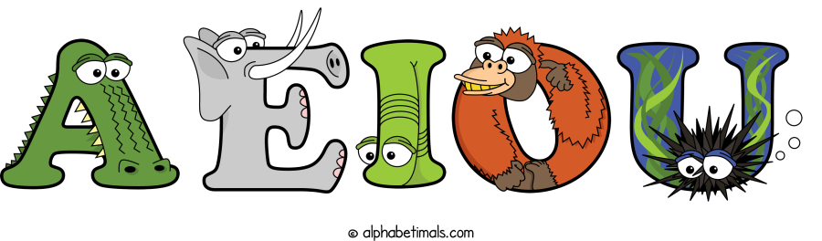 Aeiou animal word art spelling Aeiou with Alphabetimals - cartoon alphabet animals
