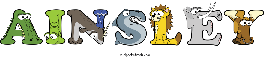 Ainsley animal word art spelling Ainsley with Alphabetimals - cartoon alphabet animals