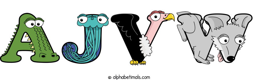 Ajvw animal word art spelling Ajvw with Alphabetimals - cartoon alphabet animals