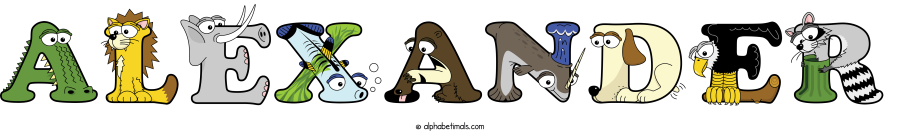 Alexander animal word art spelling Alexander with Alphabetimals - cartoon alphabet animals