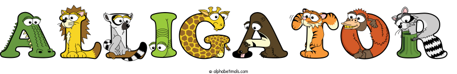 Alligator animal word art spelling Alligator with Alphabetimals - cartoon alphabet animals