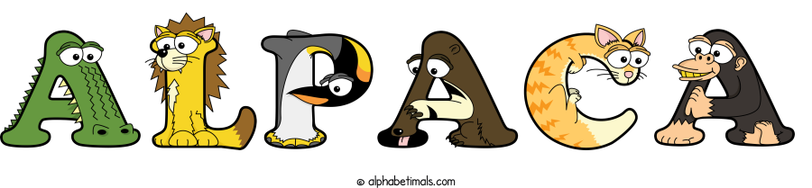 Alpaca animal word art spelling Alpaca with Alphabetimals - cartoon alphabet animals