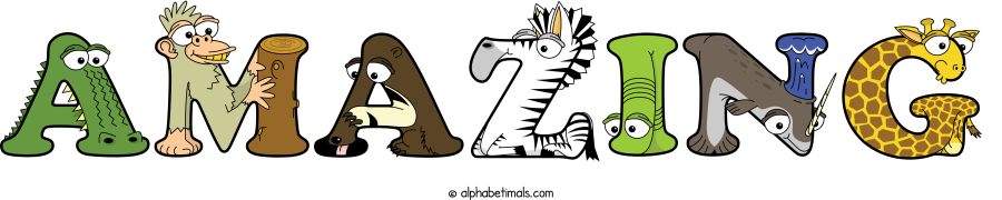 Amazing animal word art spelling Amazing with Alphabetimals - cartoon alphabet animals