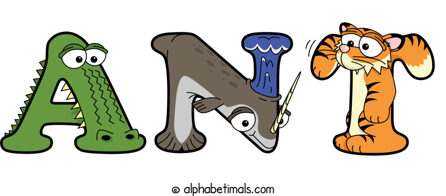 Ant animal word art spelling Ant with Alphabetimals - cartoon alphabet animals