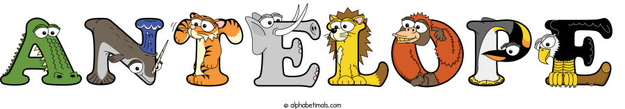 Antelope animal word art spelling Antelope with Alphabetimals - cartoon alphabet animals