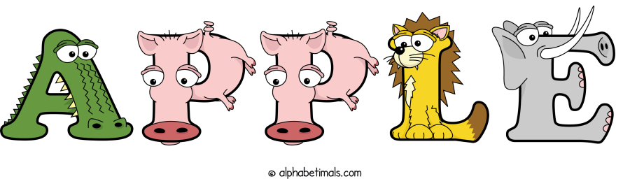 Apple animal word art spelling Apple with Alphabetimals - cartoon alphabet animals