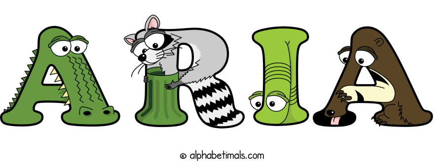 Aria animal word art spelling Aria with Alphabetimals - cartoon alphabet animals