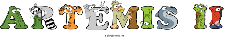 Artemis Ii animal word art spelling Artemis Ii with Alphabetimals - cartoon alphabet animals