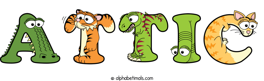 Attic animal word art spelling Attic with Alphabetimals - cartoon alphabet animals