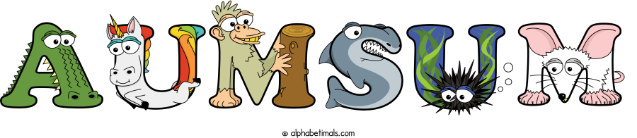 Aumsum animal word art spelling Aumsum with Alphabetimals - cartoon alphabet animals