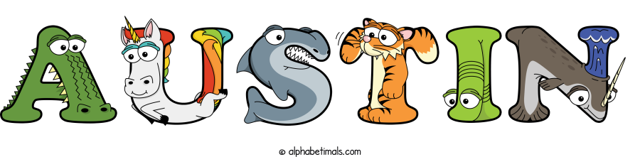 Austin animal word art spelling Austin with Alphabetimals - cartoon alphabet animals