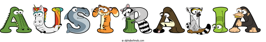 Australia animal word art spelling Australia with Alphabetimals - cartoon alphabet animals