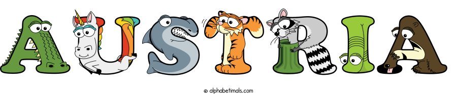 Austria animal word art spelling Austria with Alphabetimals - cartoon alphabet animals