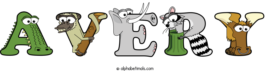 Avery animal word art spelling Avery with Alphabetimals - cartoon alphabet animals