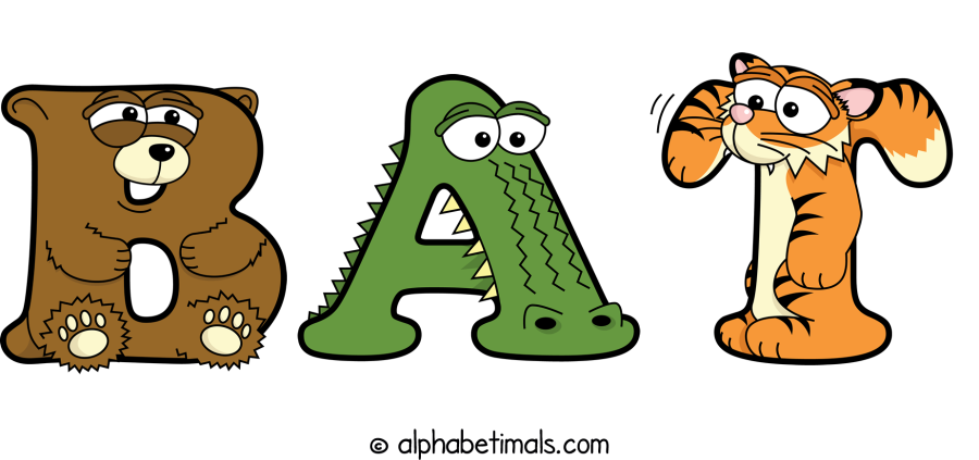 Bat animal word art spelling Bat with Alphabetimals - cartoon alphabet animals