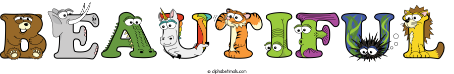 Beautiful animal word art spelling Beautiful with Alphabetimals - cartoon alphabet animals
