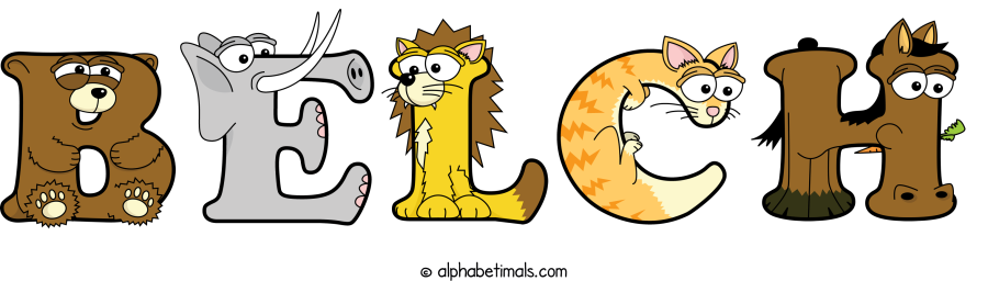 Belch animal word art spelling Belch with Alphabetimals - cartoon alphabet animals