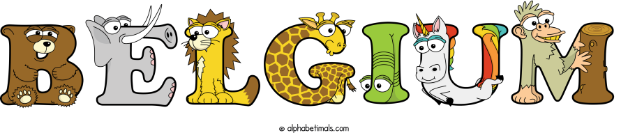 Belgium animal word art spelling Belgium with Alphabetimals - cartoon alphabet animals