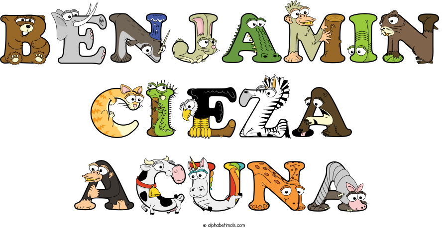 Benjamin Cieza Acuna animal word art spelling Benjamin Cieza Acuna with Alphabetimals - cartoon alphabet animals