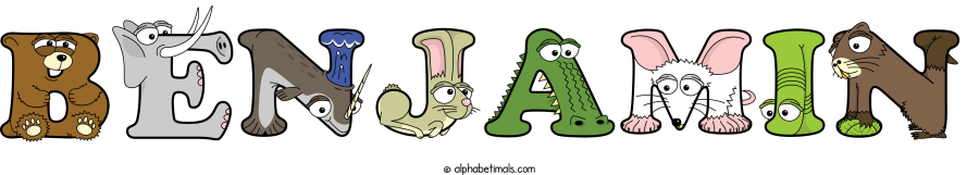 Benjamin animal word art spelling Benjamin with Alphabetimals - cartoon alphabet animals