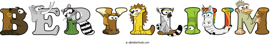 Beryllium animal word art spelling Beryllium with Alphabetimals - cartoon alphabet animals
