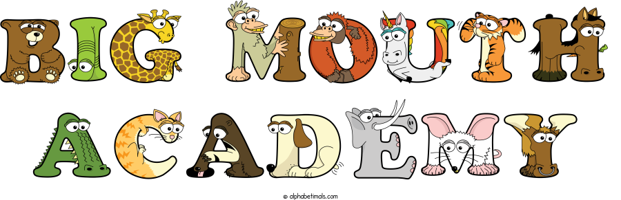 Big Mouth Academy animal word art spelling Big Mouth Academy with Alphabetimals - cartoon alphabet animals
