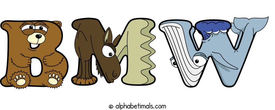 Bmw animal word art spelling Bmw with Alphabetimals - cartoon alphabet animals