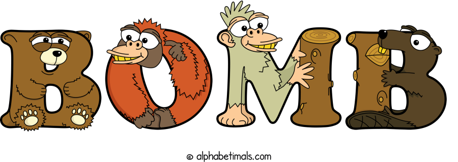 Bomb animal word art spelling Bomb with Alphabetimals - cartoon alphabet animals