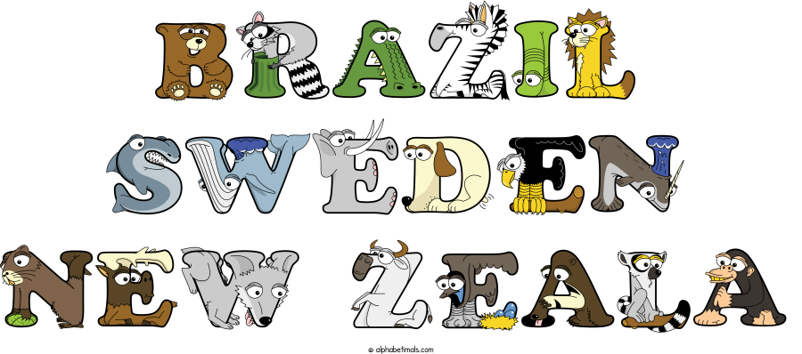 Brazil Sweden New Zeala animal word art spelling Brazil Sweden New Zeala with Alphabetimals - cartoon alphabet animals
