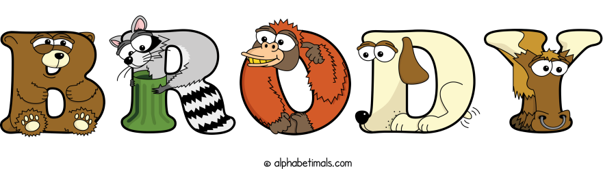 Brody animal word art spelling Brody with Alphabetimals - cartoon alphabet animals