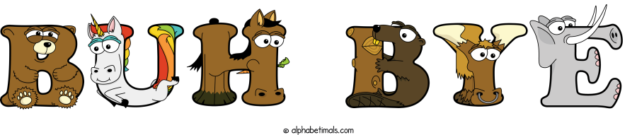 Buh Bye animal word art spelling Buh Bye with Alphabetimals - cartoon alphabet animals