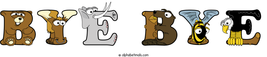Bye Bye animal word art spelling Bye Bye with Alphabetimals - cartoon alphabet animals