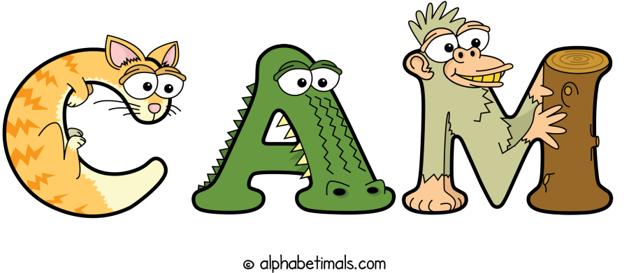 Cam animal word art spelling Cam with Alphabetimals - cartoon alphabet animals