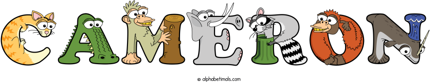 Cameron animal word art spelling Cameron with Alphabetimals - cartoon alphabet animals