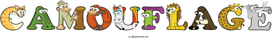 Camouflage animal word art spelling Camouflage with Alphabetimals - cartoon alphabet animals