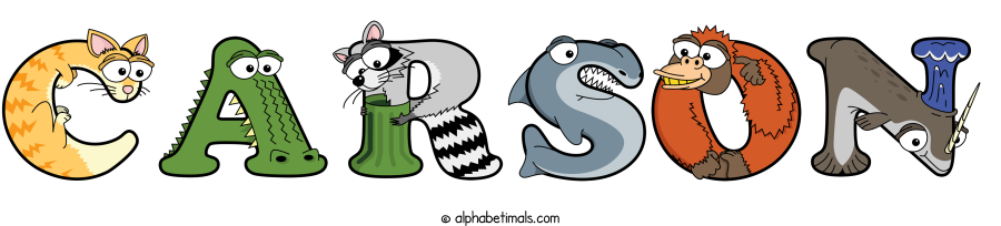 Carson animal word art spelling Carson with Alphabetimals - cartoon alphabet animals