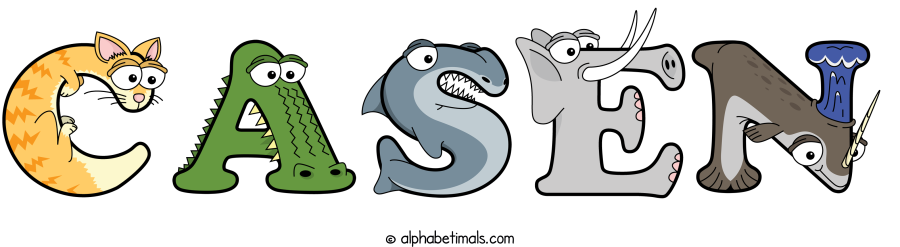 Casen animal word art spelling Casen with Alphabetimals - cartoon alphabet animals