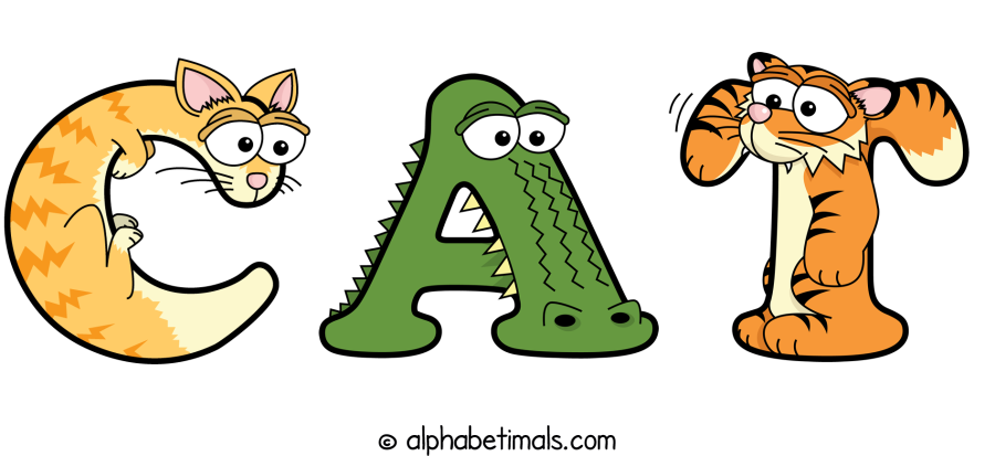 Cat animal word art spelling Cat with Alphabetimals - cartoon alphabet animals