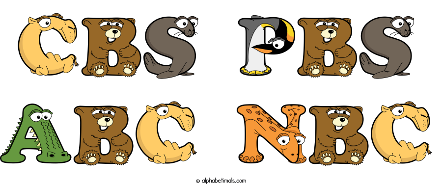 Cbs Pbs Abc Nbc animal word art spelling Cbs Pbs Abc Nbc with Alphabetimals - cartoon alphabet animals