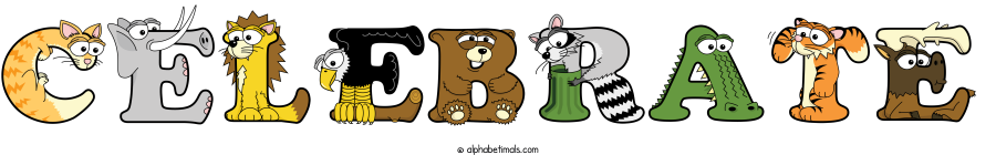 Celebrate animal word art spelling Celebrate with Alphabetimals - cartoon alphabet animals