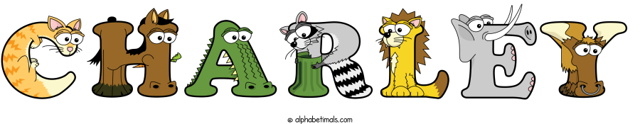 Charley animal word art spelling Charley with Alphabetimals - cartoon alphabet animals