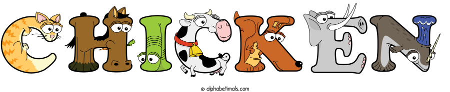 Chicken animal word art spelling Chicken with Alphabetimals - cartoon alphabet animals