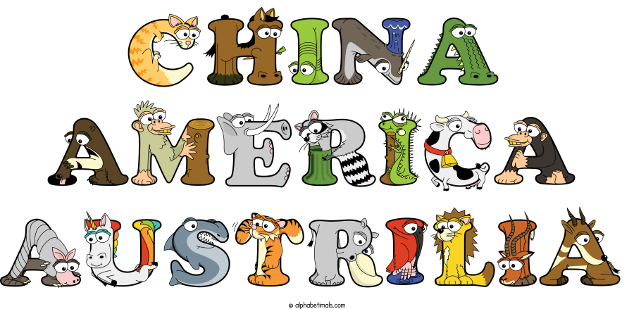 China America Austrilia animal word art spelling China America Austrilia with Alphabetimals - cartoon alphabet animals
