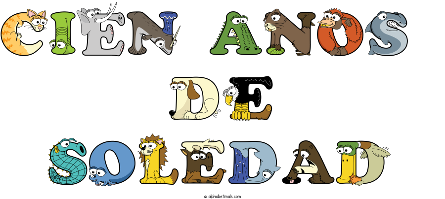 Cien Anos  De Soledad animal word art spelling Cien Anos  De Soledad with Alphabetimals - cartoon alphabet animals