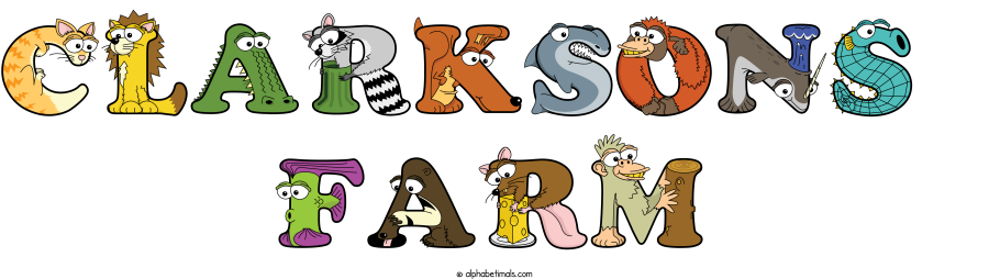 Clarksons  Farm animal word art spelling Clarksons  Farm with Alphabetimals - cartoon alphabet animals