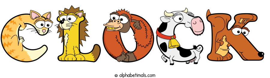 Clock animal word art spelling Clock with Alphabetimals - cartoon alphabet animals